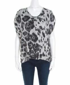 Promo 😀 Stella McCartney Grey Peony Animal Print Silk Pleated Sleeve Boxy Blouse M For 👩 Women 🥰