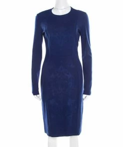 Hot Sale 🌟 Stella McCartney Cobalt Blue Embossed Jacquard Front Panel Detail Long Sleeve 👗 Dress M For 👩 Women ✔️