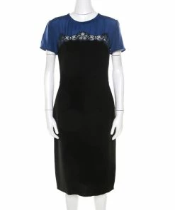 Cheap ๐ Stella McCartney Black And Blue Stretch Crepe Lace Detail Shift ๐ Dress M For ๐ฉ Women ๐ฏ