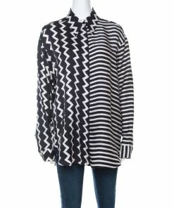 Best deal 👏 Stella McCartney Black & White Chevron & Stripes Printed Silk Moire 👚 Shirt M For 👩 Women ⭐