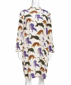 Best Pirce 🌟 Stella McCartney Cream Wild Cat Print Silk Short 👗 Dress M For 👩 Women 💯