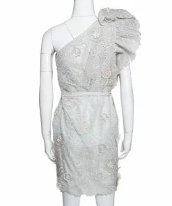 Outlet ❤️ Stella McCartney Pale Grey Floral 3D Lace Rosea One Shoulder 👗 Dress M For 👩 Women ⌛ -Stella McCartney Shop luxury women stella mccartney used clothes p292484 001