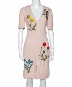 Buy 😍 Stella McCartney Beige Floral Embroidered Crepe V Neck Sheath 👗 Dress M For 👩 Women 👏
