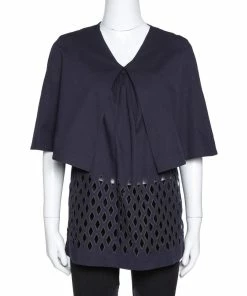 Coupon 😉 Stella McCartney Navy Blue Cutout Cotton Cape Sleeve Top S For 👩 Women 💯