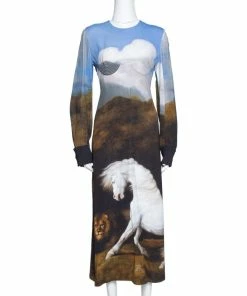 Cheapest 🎁 Stella McCartney Blue Stubbs Horse Print Side Slit Detail Midi 👗 Dress S For 👩 Women 🔥