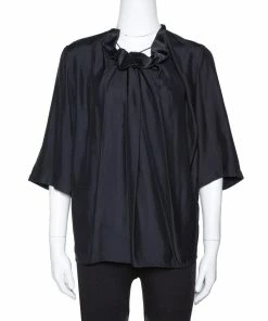 Best Sale 😍 Stella McCartney Black Sateen Gathered Neck Faye Top XS For 👩 Women 🤩