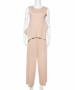 Flash Sale 🎉 Stella McCartney Beige Rib Knit Sleeveless Flared Top & Flared Pants Set S For 👩 Women 😍