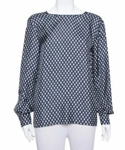 Promo ❤️ Stella McCartney Navy Blue Check Patterned Silk Oversized Top S For 👩 Women 🤩
