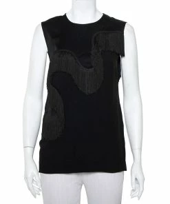Best deal 🧨 Stella McCartney Black Crepe Fringe Detail Sleeveless Top S For 👩 Women ⭐