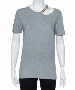 Best Pirce 🥰 Stella McCartney Grey Cotton Chain Trim Cutout Shoulder Detail Crewneck T-Shirt M For 👩 Women 🛒