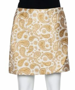 Outlet 🧨 Stella McCartney Gold & White Paisley Jacquard Faux Wrap Detail Mini 👗 Skirt S For 👩 Women 👏
