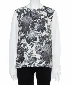 Outlet ⭐ Stella McCartney Monochrome Floral Printed Silk Asymmetric Hem Detail Top M For 👩 Women 🤩
