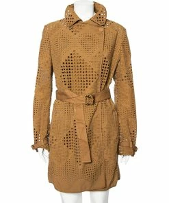 Promo ⌛ Stella McCartney Brown Eyelet Embroidered Cotton Belted Trench 🧥 Coat M For 👩 Women 💯