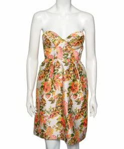 Hot Sale 🎁 Stella McCartney Metallic Neon Floral Jacquard Ridley Strapless Mini 👗 Dress S For 👩 Women ❤️