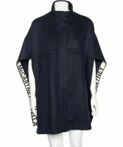 Cheap 🔥 Stella McCartney Navy Blue Wool Logo Trim Detailed Zip Front Cape S For 👩 Women ✨