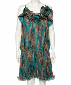 Wholesale ❤️ Stella McCartney Blue & Brown Printed Ruffled Short 👗 Dress M For 👩 Women 😀