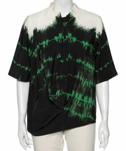 Discount 🌟 Stella McCartney Black Tie-Dye Printed Silk Asymmetrical Draped Blouse M For 👩 Women 😀