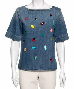 Discount 🔥 Stella McCartney Blue Denim Crystal Embellished Top M For 👩 Women 😍