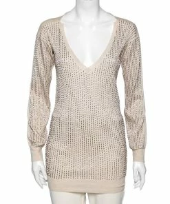 Hot Sale ⭐ Stella McCartney Beige Embellished Wool V-Neck Jumper S For 👩 Women ❤️