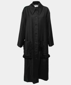 Cheapest 👍 Stella McCartney Black Wool Fringe Trim Pockets Long 🧥 Coat L For 👩 Women 😉