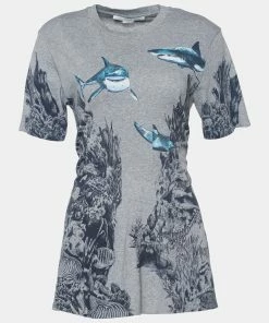 Coupon ⭐ Stella McCartney Grey Shark Print Melange Cotton Crew Neck T-Shirt M For 👩 Women ⌛