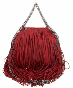 Budget 👏 Stella McCartney Red Faux Leather Mini Falabella Fringe Tote For 👩 Women ❤️
