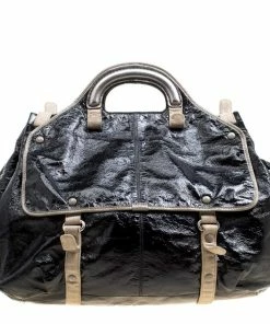 Discount 🤩 Stella McCartney Black Faux Patent Leather And Canvas Top Handle Bag For 👩 Women ⭐ -Stella McCartney Shop luxury women stella mccartney used handbags p168007 006