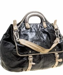 Discount 🤩 Stella McCartney Black Faux Patent Leather And Canvas Top Handle Bag For 👩 Women ⭐ -Stella McCartney Shop luxury women stella mccartney used handbags p168007 007