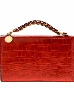 Promo 🎁 Stella McCartney Orange Embossed Crocodile Leather Clutch For 👩 Women 😉