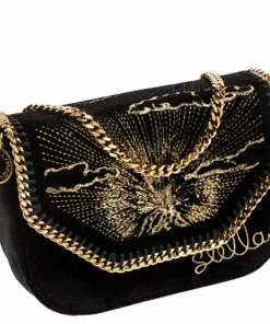 Flash Sale ❤️ Stella McCartney Black Velvet Volcano Embroidered Mini Falabella Shoulder Bag For 👩 Women 😍 -Stella McCartney Shop luxury women stella mccartney used handbags p235954 003