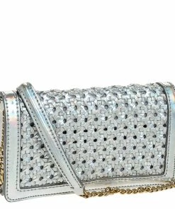 New 🎉 Stella McCartney Silver Holographic Woven Leather Flap Crossbody Bag For 👩 Women 🤩 -Stella McCartney Shop luxury women stella mccartney used handbags p251620 008