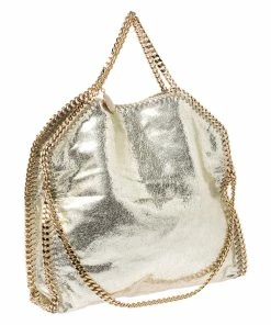 Deals 🛒 Stella McCartney Metallic Light Yellow Faux Crackle Leather Falabella Tote For 👩 Women 👍 -Stella McCartney Shop luxury women stella mccartney used handbags p253910 003