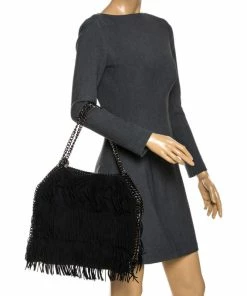 Hot Sale 🎉 Stella McCartney Black Faux Suede Falabella Fringed Tote For 👩 Women 🧨 -Stella McCartney Shop luxury women stella mccartney used handbags p266521 001