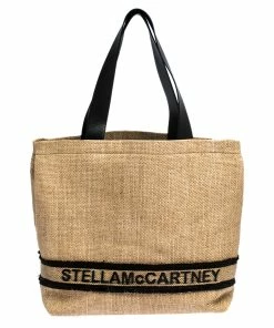 Cheapest 😍 Stella McCartney Beige/Black Woven Raffia And Leather Logo Tote For 👩 Women 😀