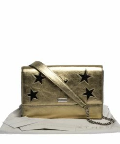 Best deal 🎁 Stella McCartney Metallic Gold Faux Leather Star Flap Shoulder Bag For 👩 Women 🤩 -Stella McCartney Shop luxury women stella mccartney used handbags p285808 009