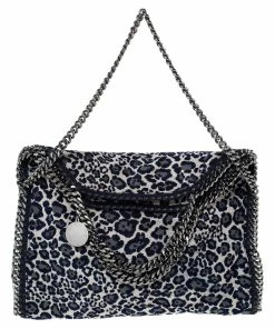 Coupon 😀 Stella McCartney Navy Blue/White Leopard Print Velvet Falabella Tote For 👩 Women 💯