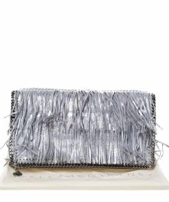 Budget 😉 Stella McCartney Silver Faux Leather Falabella Fringed Fold Over Clutch For 👩 Women ✔️ -Stella McCartney Shop luxury women stella mccartney used handbags p309151 002