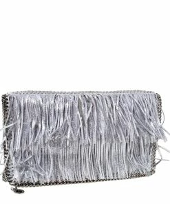 Budget 😉 Stella McCartney Silver Faux Leather Falabella Fringed Fold Over Clutch For 👩 Women ✔️ -Stella McCartney Shop luxury women stella mccartney used handbags p309151 005