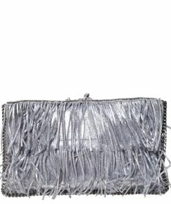 Budget 😉 Stella McCartney Silver Faux Leather Falabella Fringed Fold Over Clutch For 👩 Women ✔️ -Stella McCartney Shop luxury women stella mccartney used handbags p309151 006