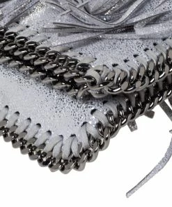 Budget 😉 Stella McCartney Silver Faux Leather Falabella Fringed Fold Over Clutch For 👩 Women ✔️ -Stella McCartney Shop luxury women stella mccartney used handbags p309151 009