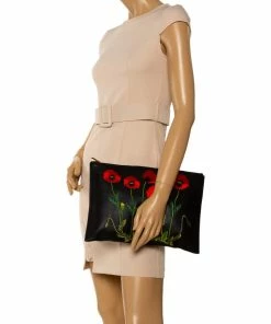 Discount 🌟 Stella McCartney Black Floral Embroidered Faux Leather Botanical Zip Clutch For 👩 Women 👏 -Stella McCartney Shop luxury women stella mccartney used handbags p347413 001