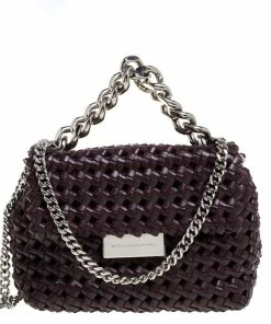 Flash Sale 🛒 Stella McCartney Dark Burgundy Woven Faux Leather Mini Brandy Becks Top Handle Bag For 👩 Women ❤️