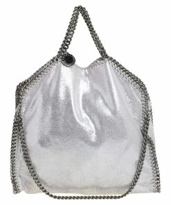Flash Sale 🔥 Stella McCartney Silver Shimmery Faux Leather Small Falabella Tote For 👩 Women ✨