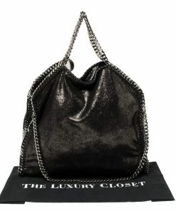 Cheap 😉 Stella McCartney Metallic Black Faux Leather Small Falabella Tote For 👩 Women ✔️ -Stella McCartney Shop luxury women stella mccartney used handbags p421067 004