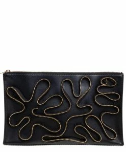 Promo 👍 Stella McCartney Black Faux Leather Zipper Embellished Cavendish Clutch For 👩 Women 🎉
