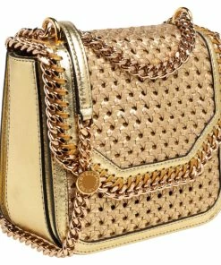 Discount 🧨 Stella McCartney Metallic Gold Woven Faux Leather Medium Falabella Box Shoulder Bag For 👩 Women 😀 -Stella McCartney Shop luxury women stella mccartney used handbags p466284 002