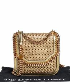 Discount 🧨 Stella McCartney Metallic Gold Woven Faux Leather Medium Falabella Box Shoulder Bag For 👩 Women 😀 -Stella McCartney Shop luxury women stella mccartney used handbags p466284 011