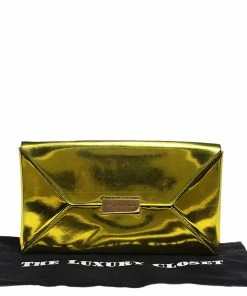 Brand new ✨ Stella McCartney Yellow Metallic Faux Leather Beckett Envelope Clutch For 👩 Women 🥰 -Stella McCartney Shop luxury women stella mccartney used handbags p527909 005