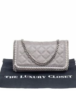 Deals 💯 Stella McCartney Grey Quilted Faux Suede Studded Falabella Flap Shoulder Bag For 👩 Women 🎁 -Stella McCartney Shop luxury women stella mccartney used handbags p561666 004