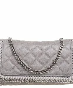Deals 💯 Stella McCartney Grey Quilted Faux Suede Studded Falabella Flap Shoulder Bag For 👩 Women 🎁